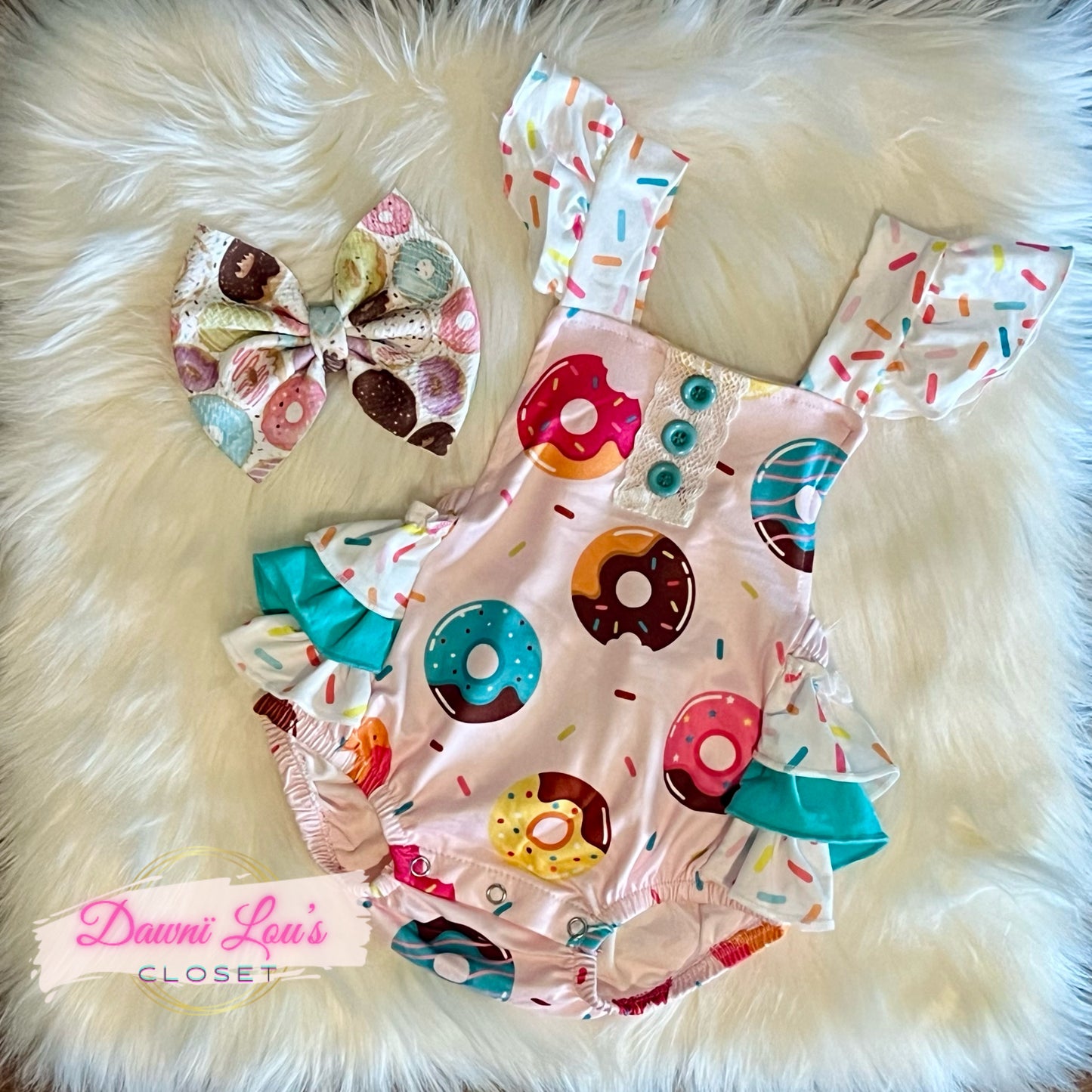 SPRINKLES & DONUT RUFFLED BABY ROMPER