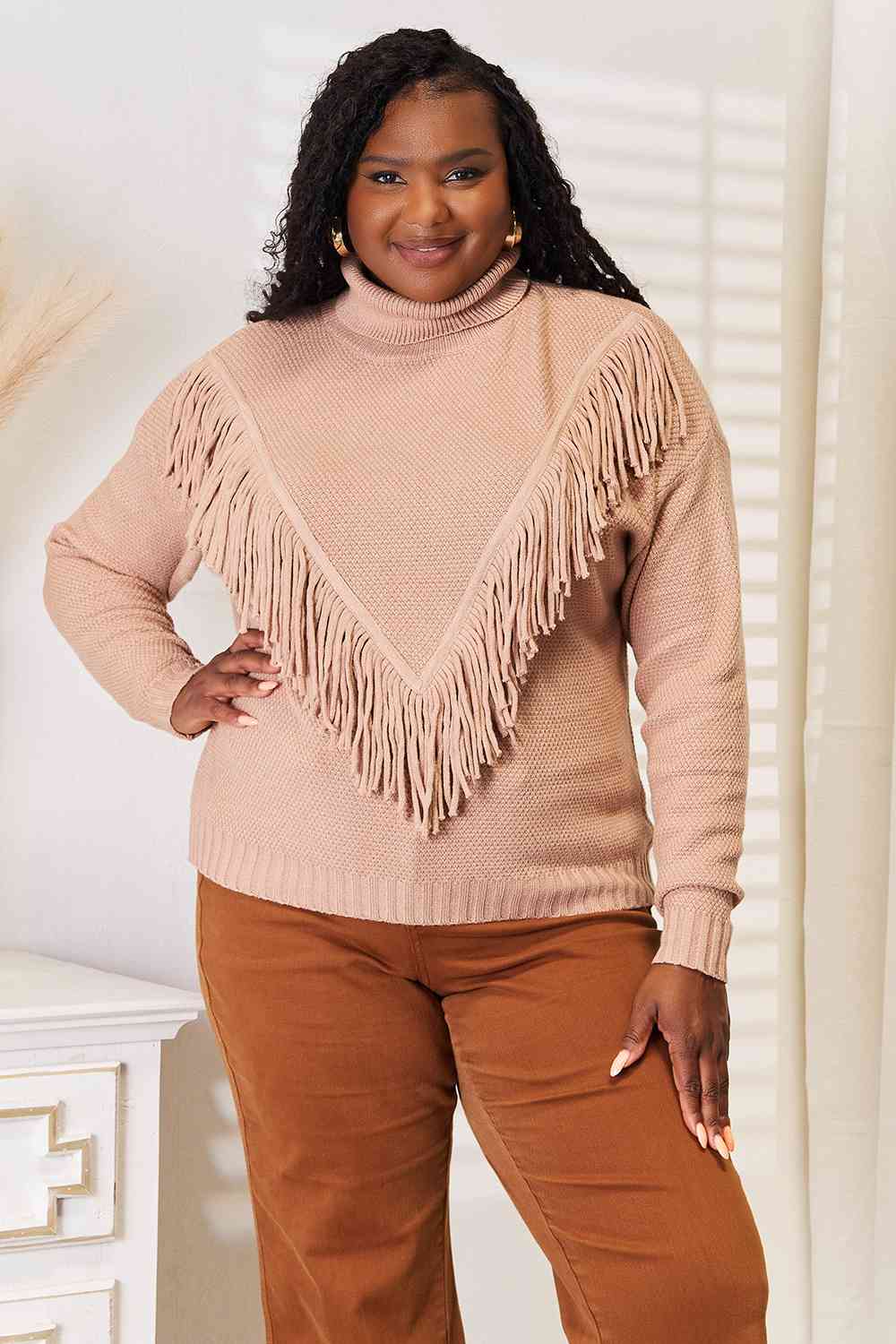 Woven Right Turtleneck Fringe Sweater