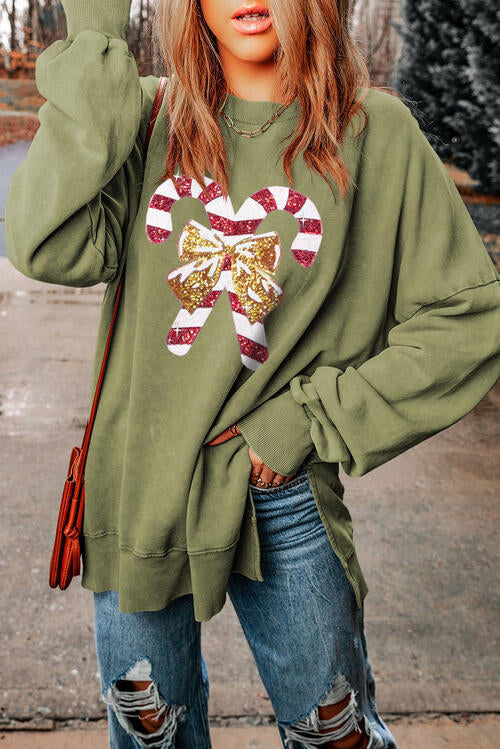 Sudadera con abertura y cuello redondo Candy Cane de lentejuelas