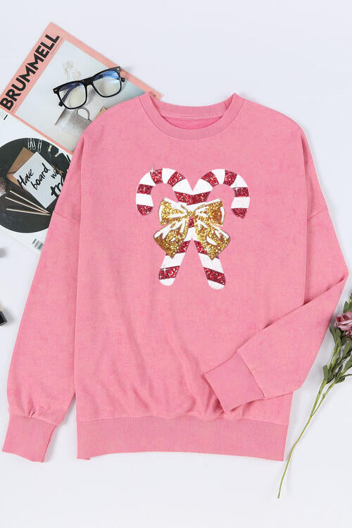Sudadera con abertura y cuello redondo Candy Cane de lentejuelas