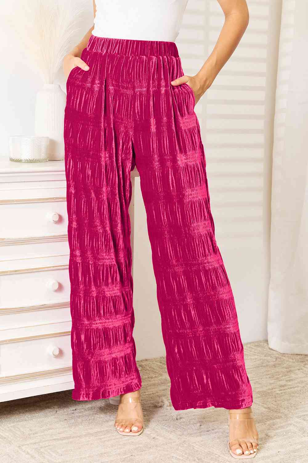 Tiered Shirring Velvet Pants