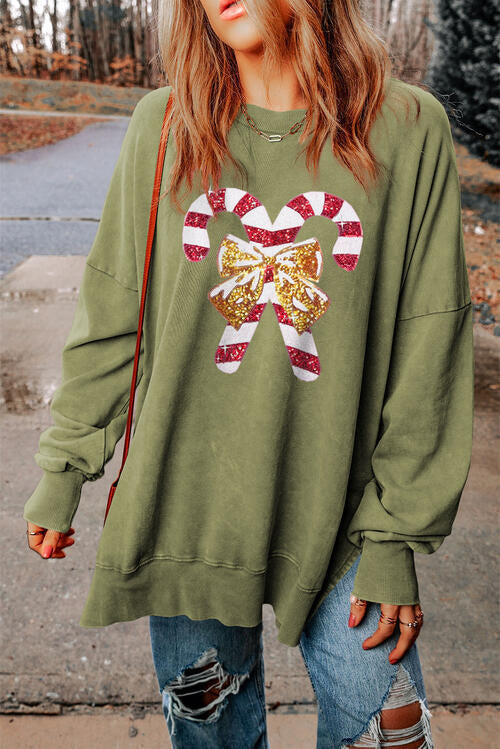 Sudadera con abertura y cuello redondo Candy Cane de lentejuelas