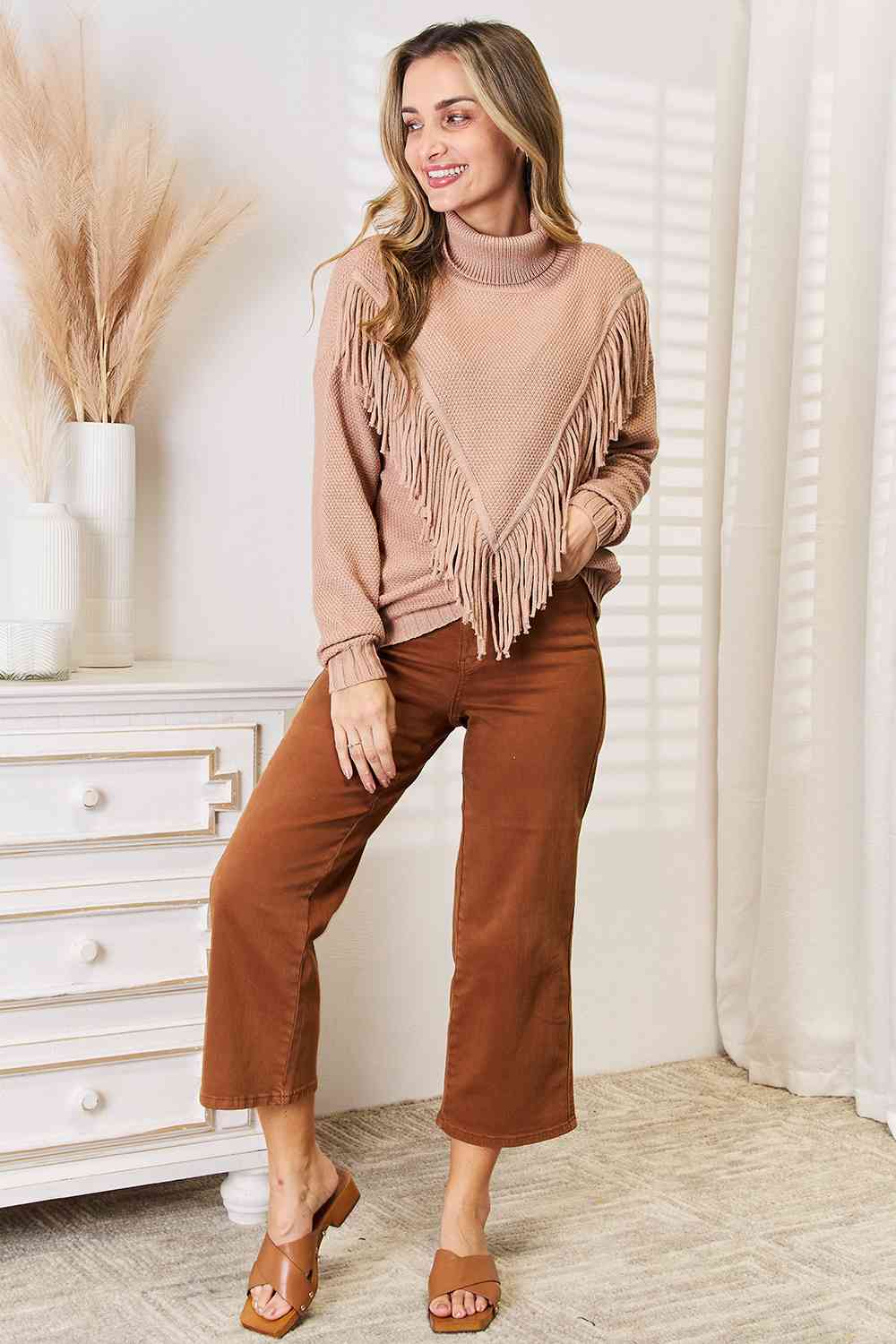 Woven Right Turtleneck Fringe Sweater