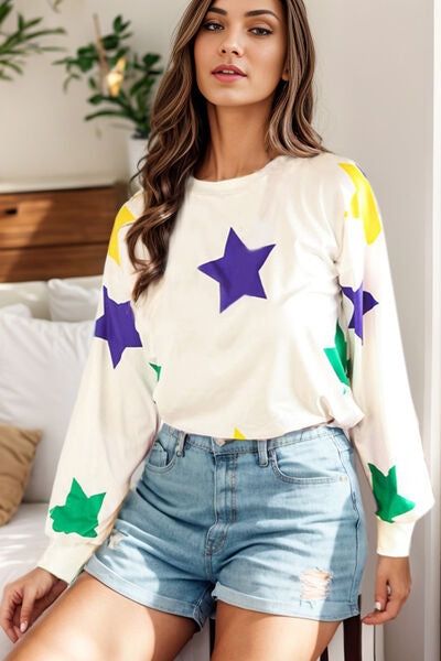 Balloon Sleeve Mardi Gras Stars Top