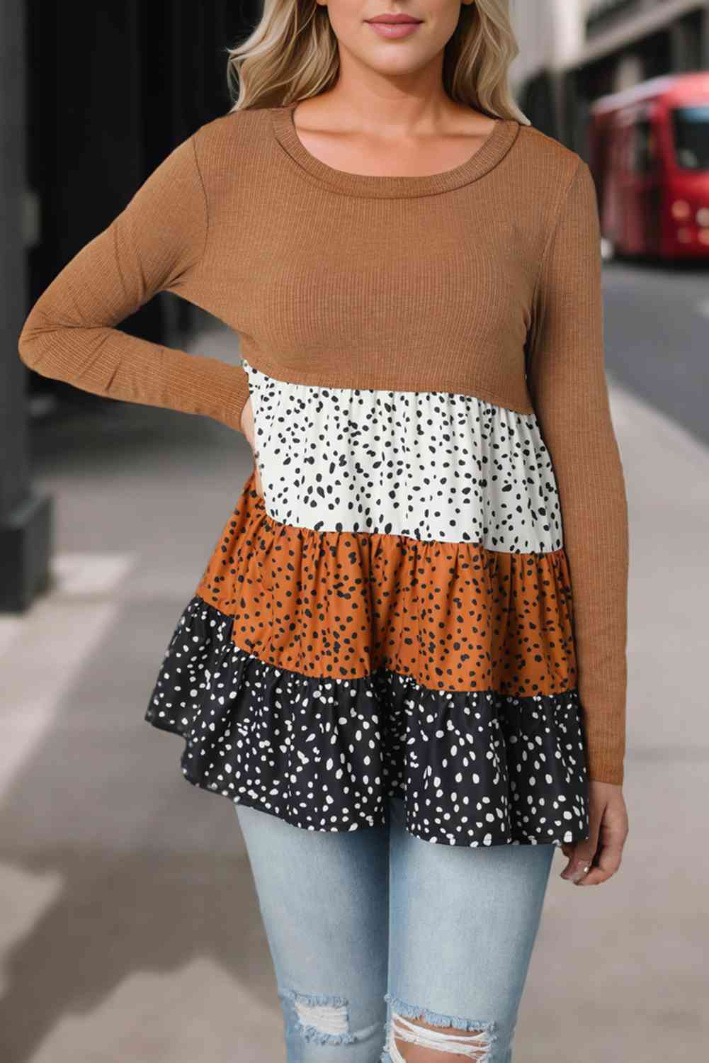 Blusa de manga larga con bloques de color