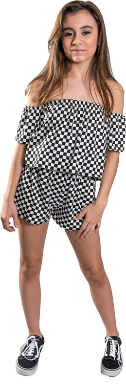 KIDS CHECKERED OFF THE SHOULDER ROMPER