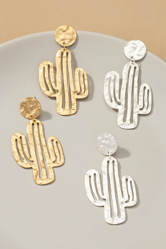 Hammered metal cactus earrings