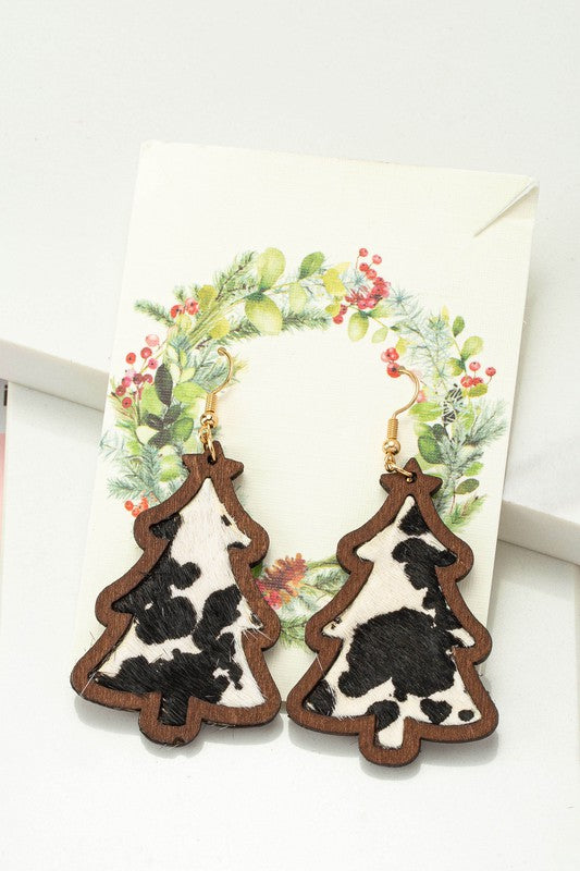 Wooden Christmas tree earrings with leather inlay