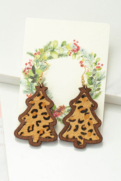 Pendientes de árbol de Navidad de madera con incrustaciones de cuero