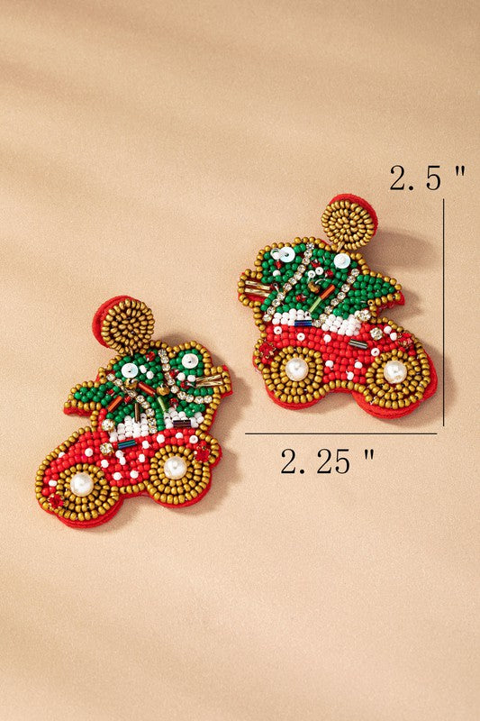 Christmas tree on a car seed bead earrings