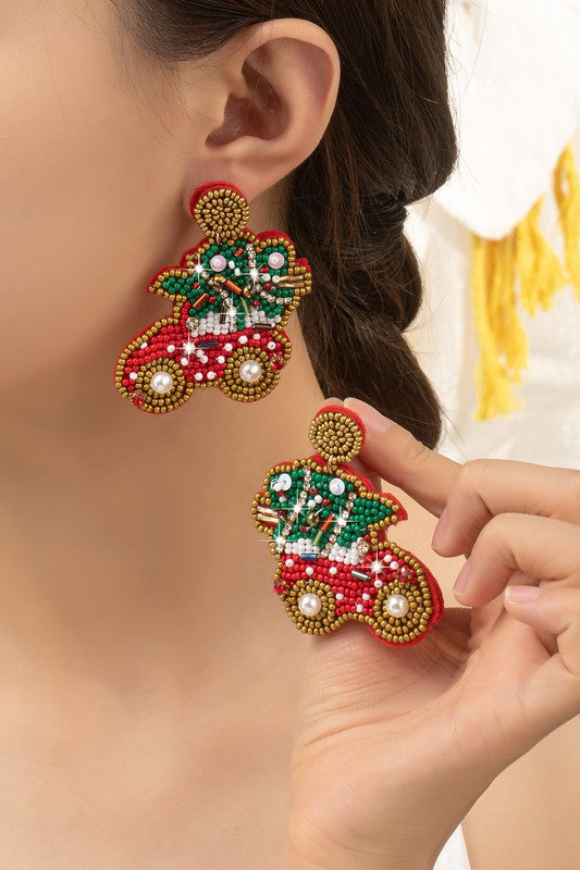 Christmas tree on a car seed bead earrings