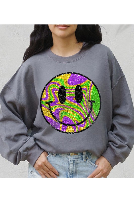 Mardi Gras Smiley Crewneck