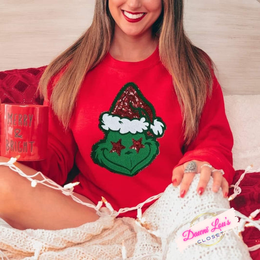 Grinch Sequin Chenille Patch Long Sleeve