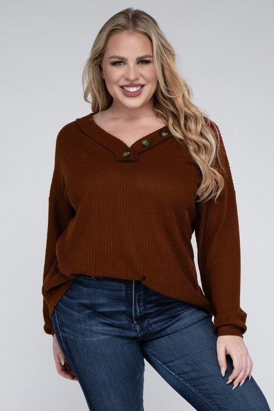 Brushed Waffle V-Neck Button Sweater