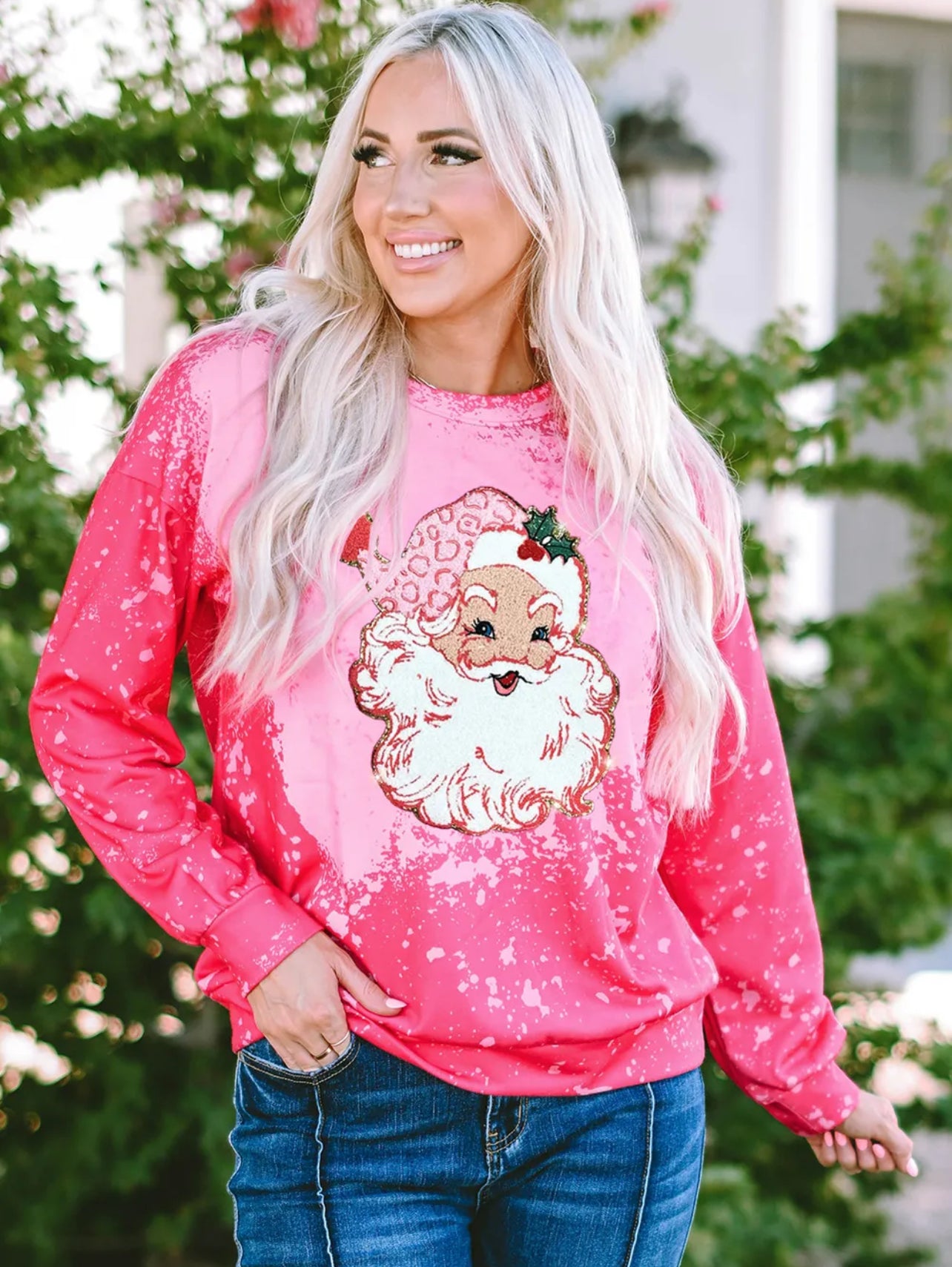 Vintage Pink Leopard Santa Chenille Patch on Bleached Crewneck