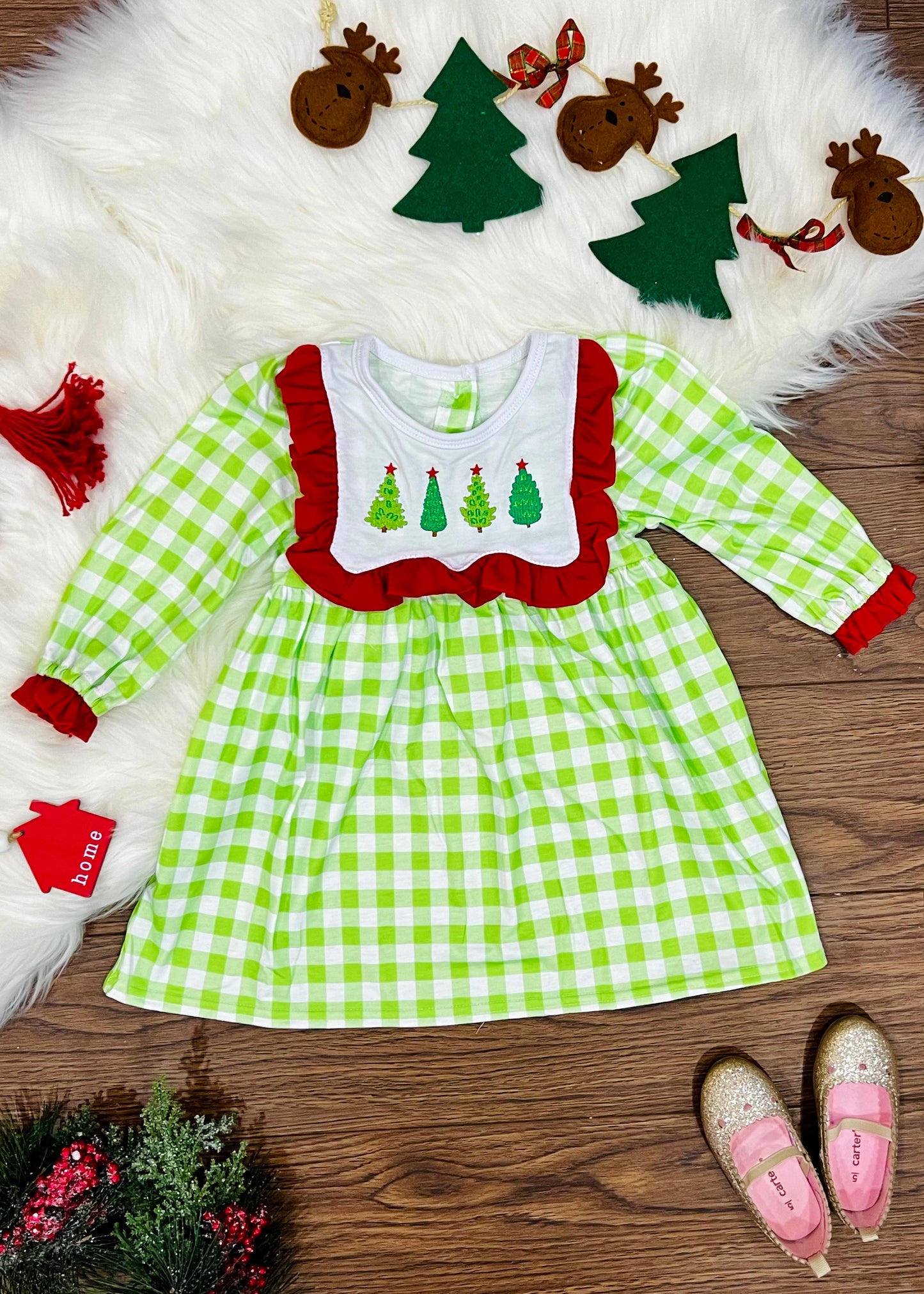 Embroidered Plaid Christmas Tree Dress