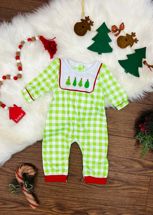 Boy’s Embroidered Plaid Christmas Tree Romper