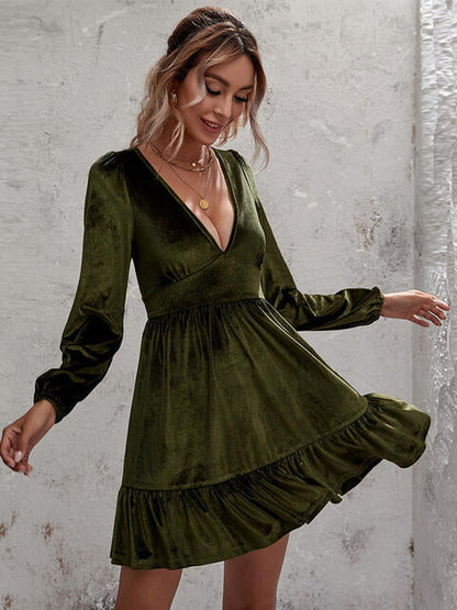 Velvet Plunge Ruffle Hem Dress