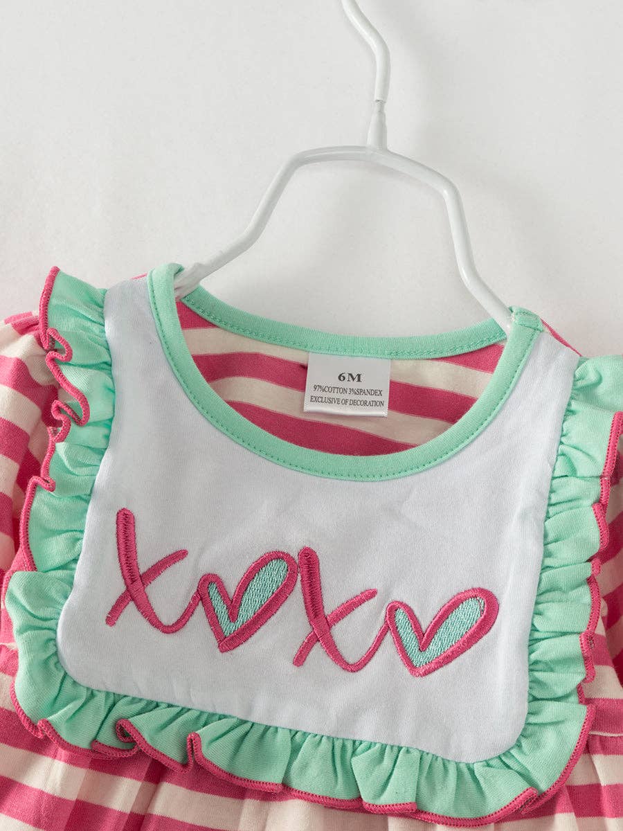 Pink and Mint Stripe XOXO Ruffle Romper