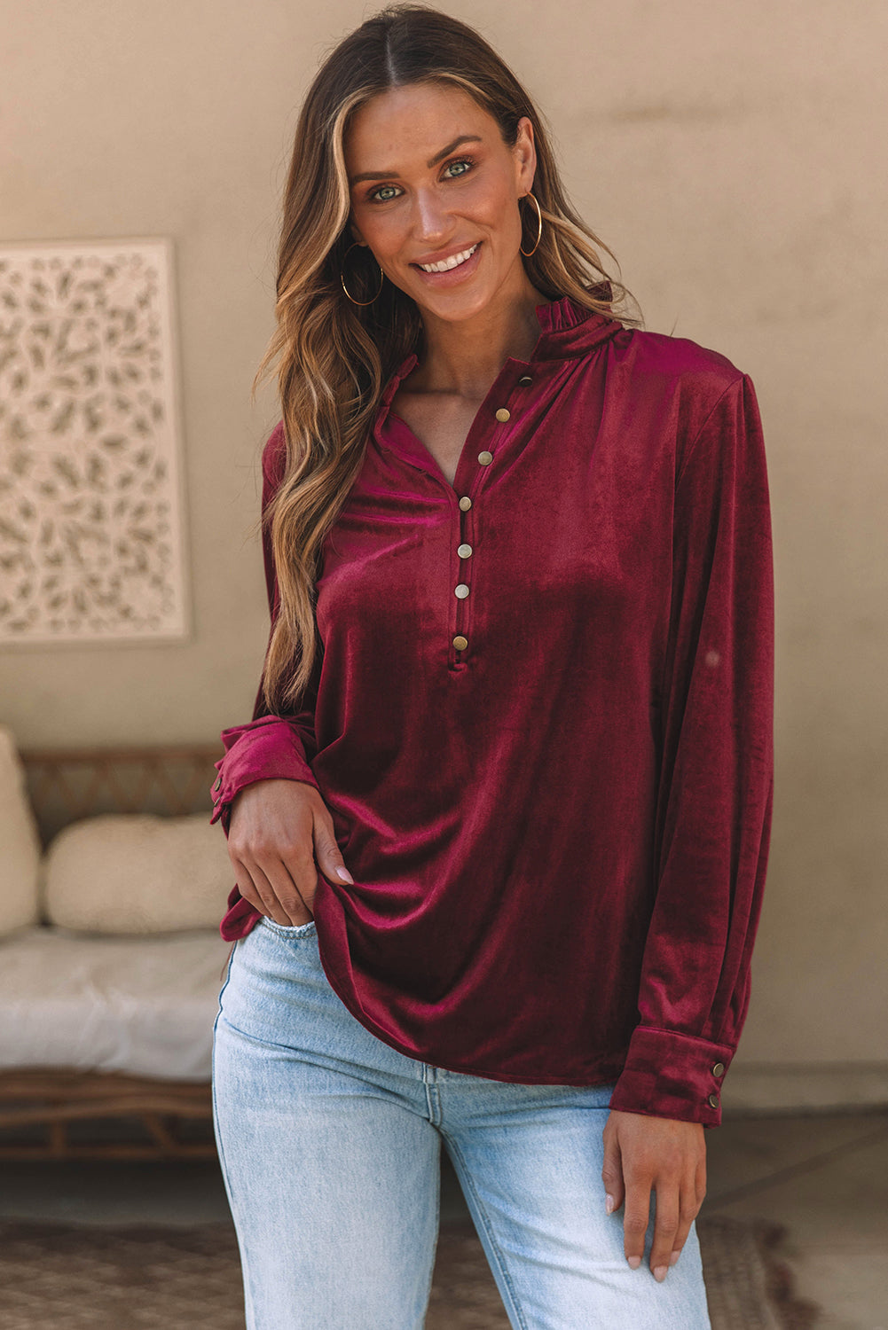 Rouleau Buttoned Velvet Blouse