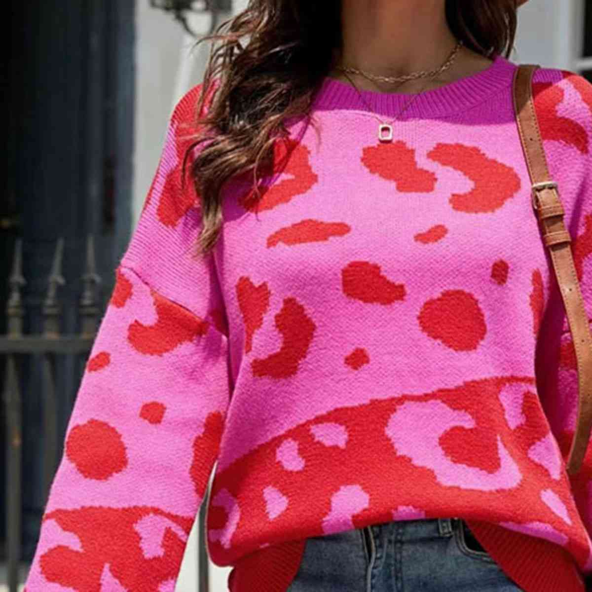 Contrast Leopard Puff Sleeve Sweater