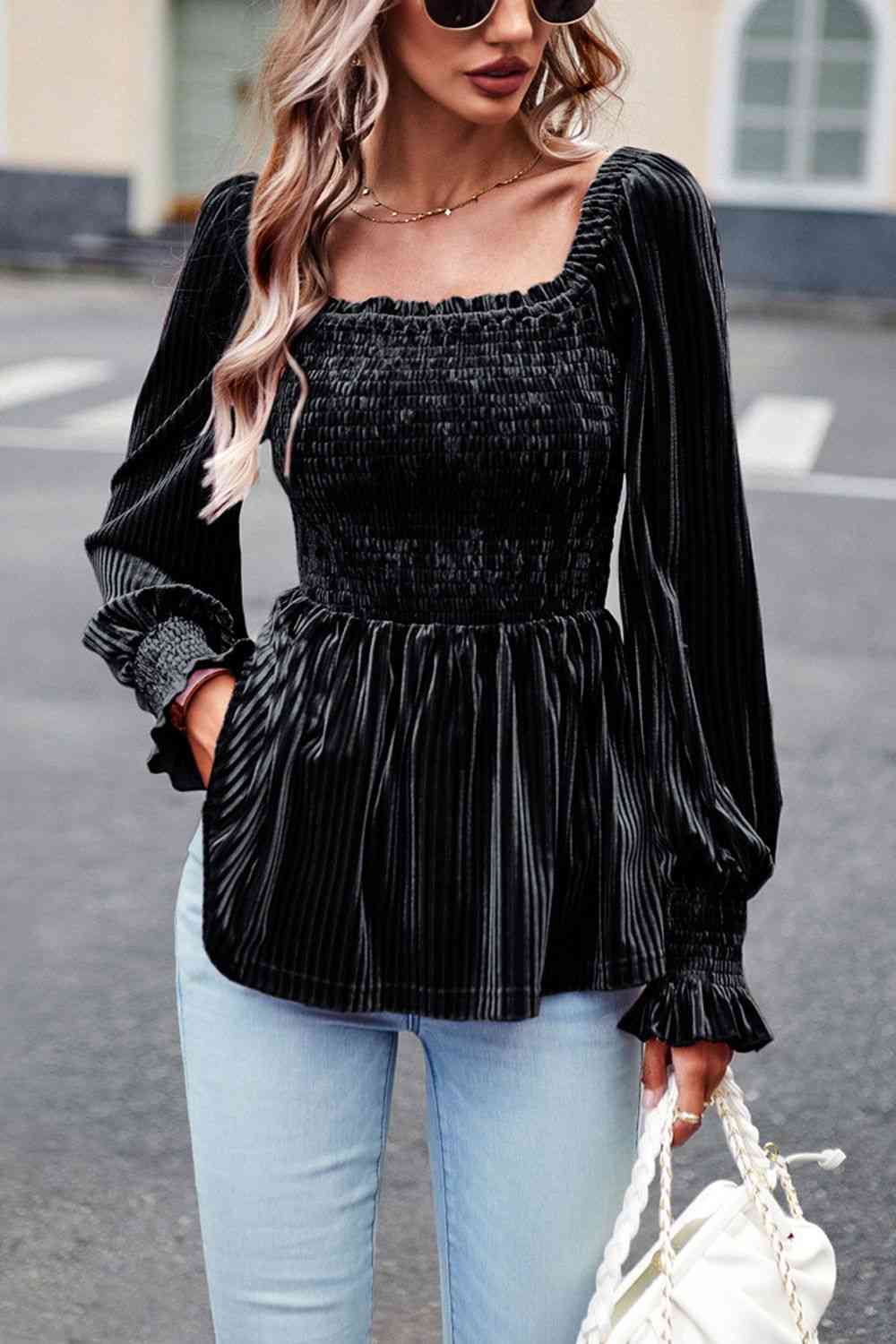 Smocked Velvety Blouse