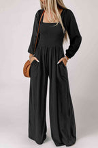 Long Sleeve Flare Leg Jumpsuit with Pockets