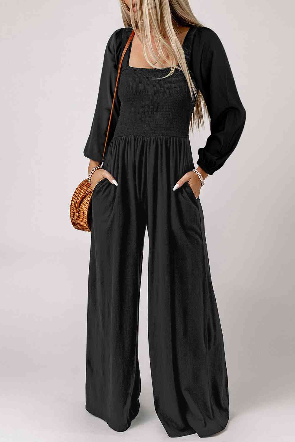 Long Sleeve Flare Leg Jumpsuit with Pockets