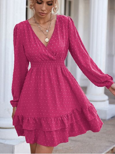 Swiss Dot Surplice Smocked Ruffle Dress