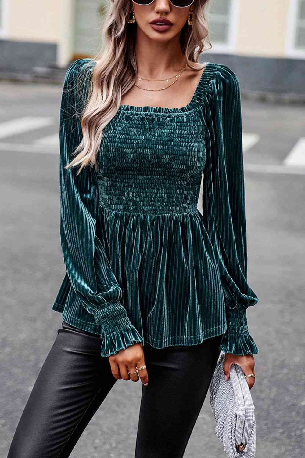 Smocked Velvety Blouse