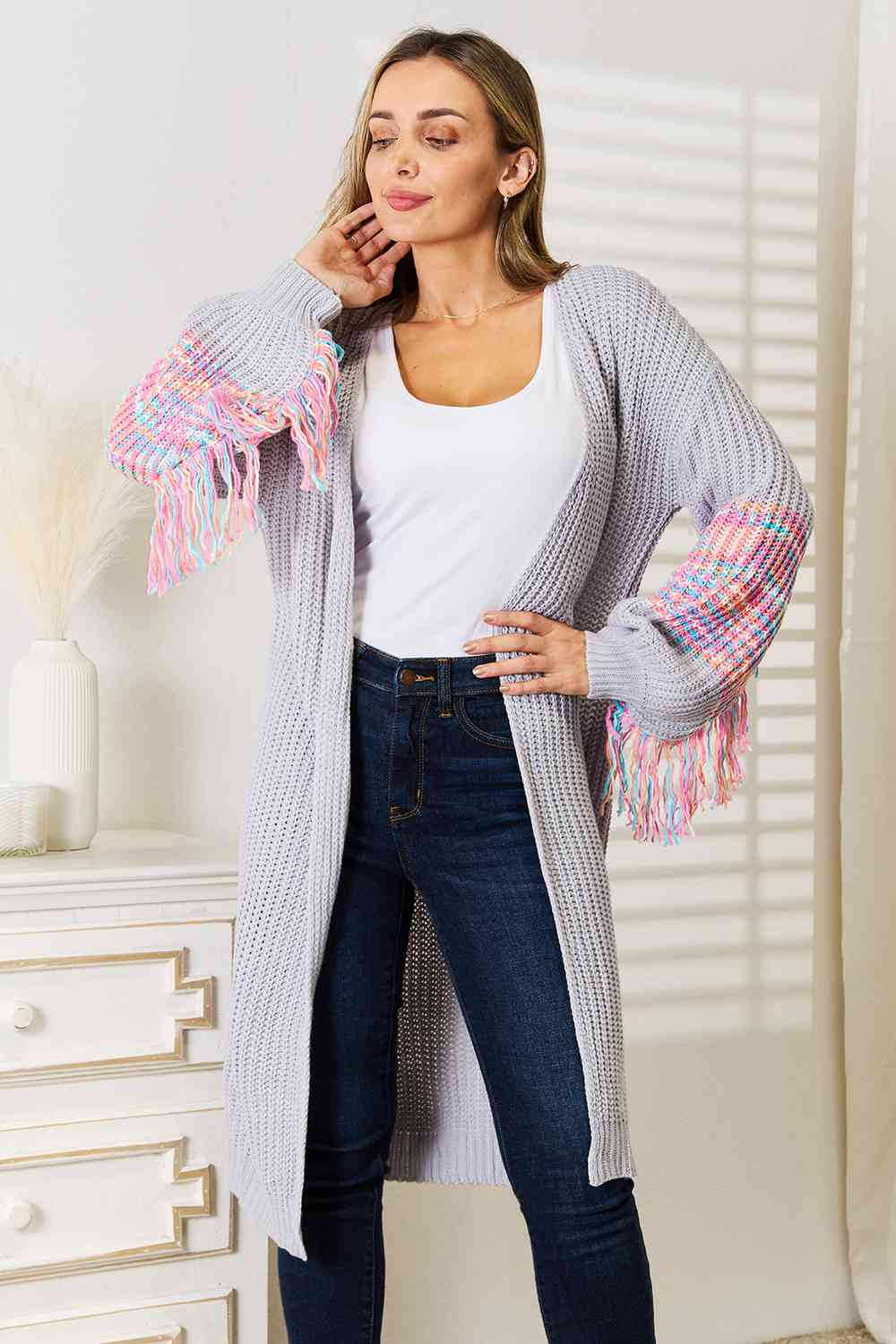 Woven Right Fringe Sleeve Cardigan