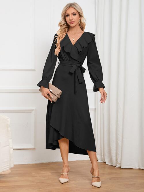 Surplice Ruffled Front Tie Dress