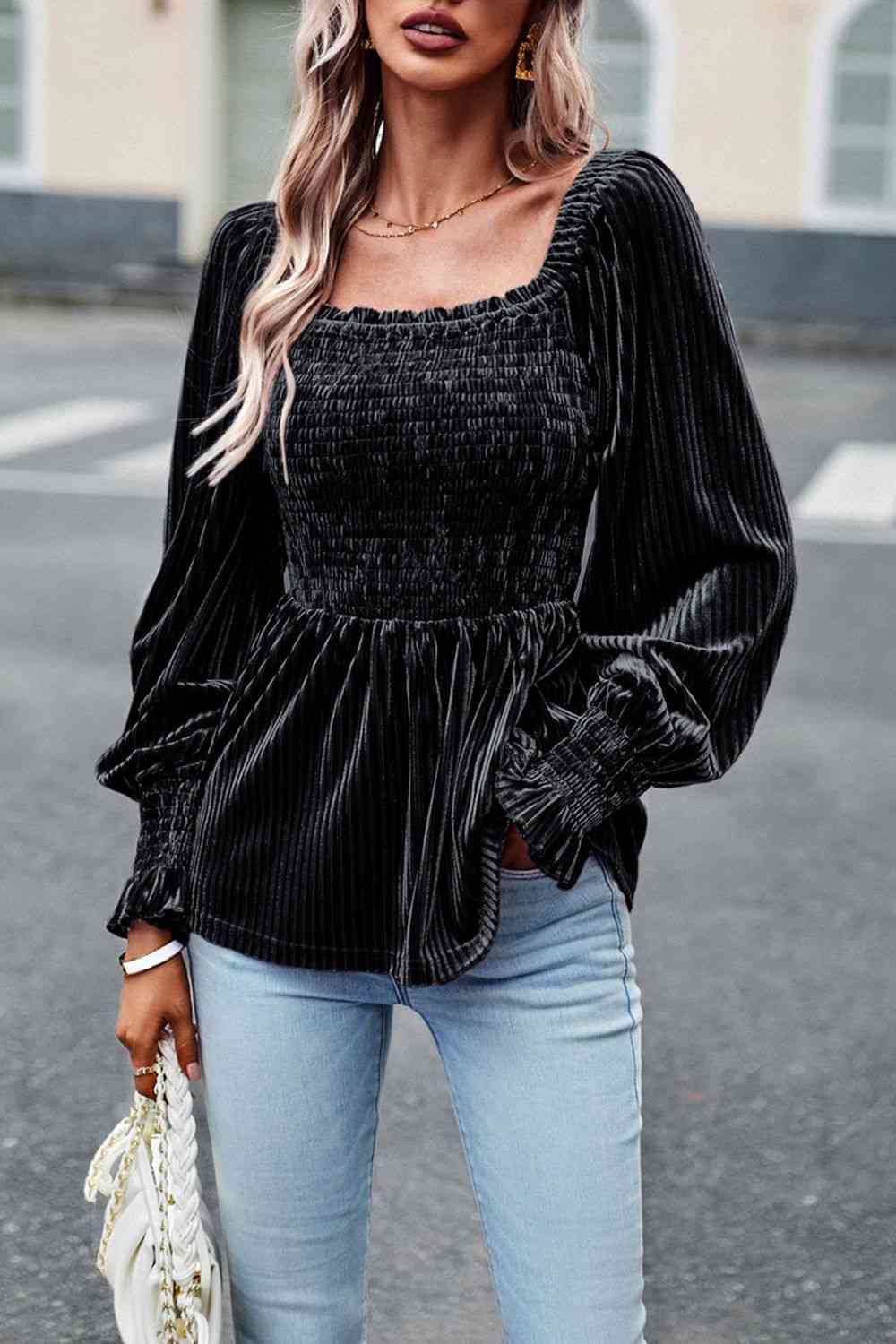 Smocked Velvety Blouse