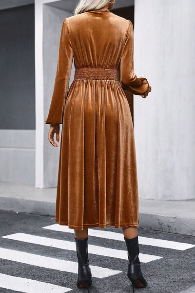 Velvet Balloon Sleeve Smocked Midi Dress