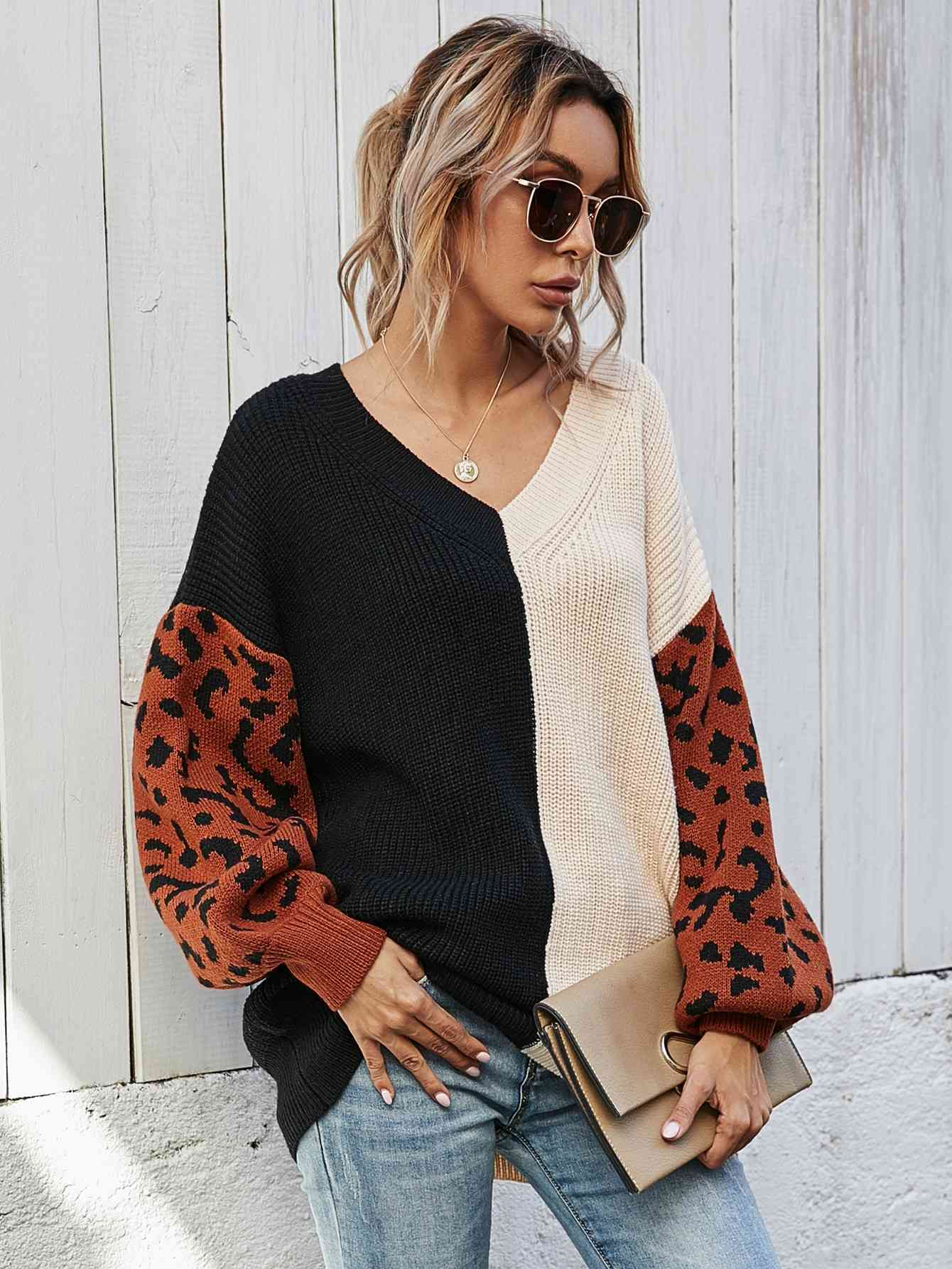 Woven Right Leopard Color Block V-Neck Oversized Sweater