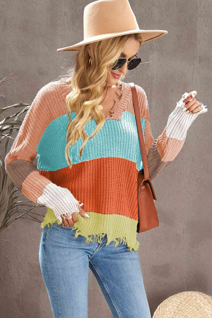 Woven Right Distressed Color Block Ribbed Sweater