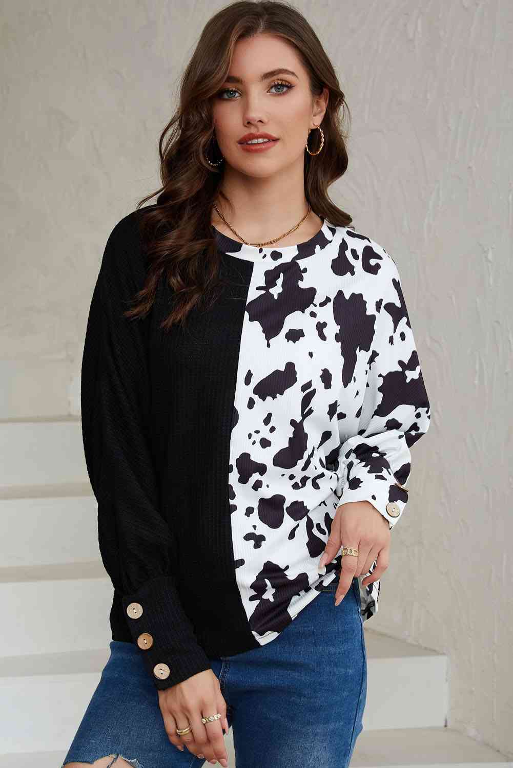 Cowprint Print Round Neck Top