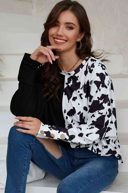 Cowprint Print Round Neck Top