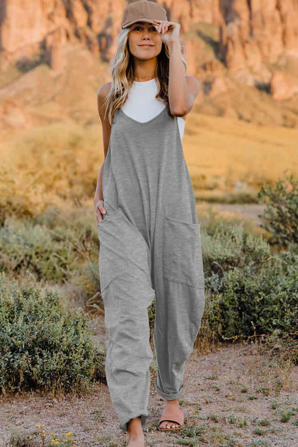 V-Neck Jumpsuit with Pocket