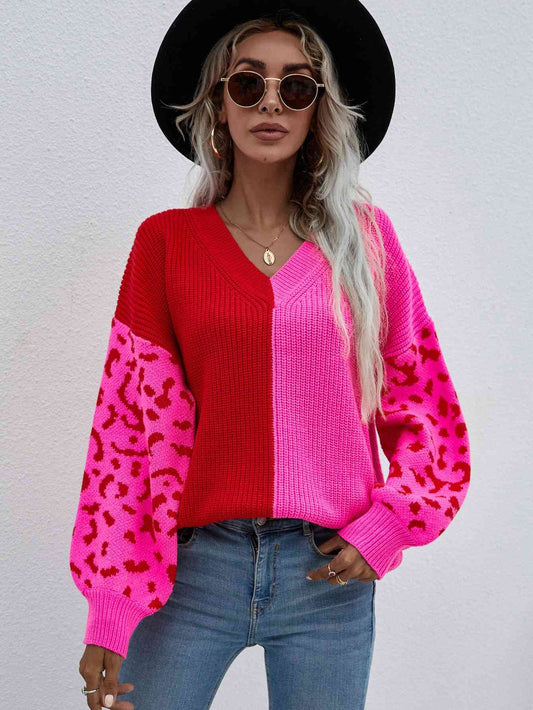 Woven Right Leopard Color Block V-Neck Oversized Sweater