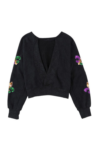 Open Back Fleur De Lis Sequin Sweater