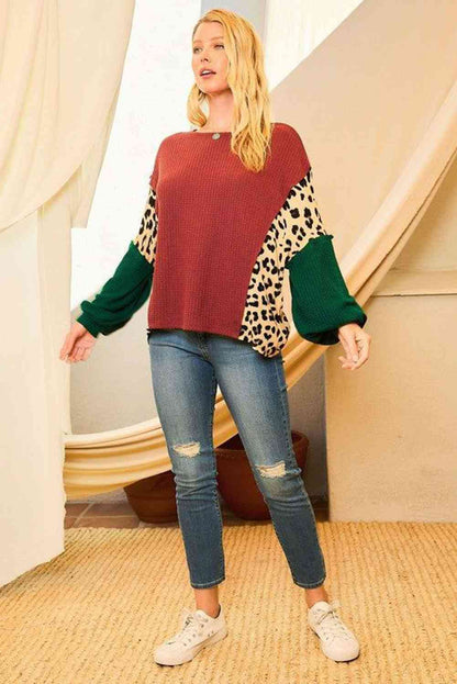 Blusa de punto tipo gofre con bloques de color de leopardo