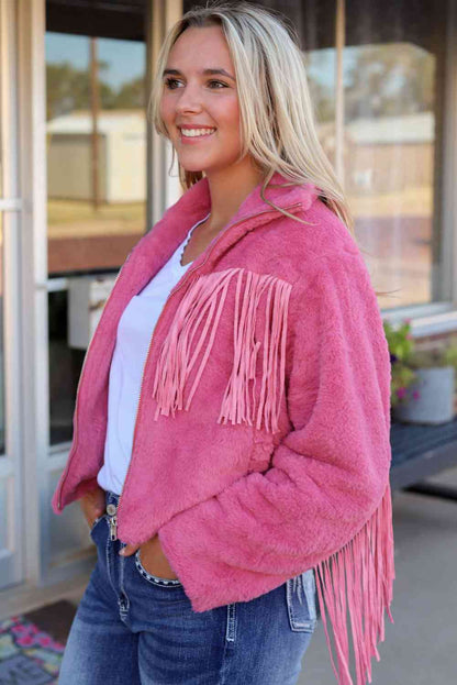 Hot Pink Fringe Fleece Jacket