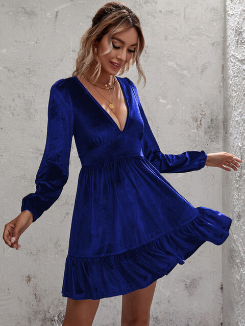 Velvet Plunge Ruffle Hem Dress