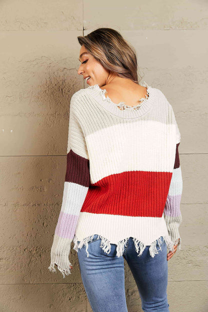 Woven Right Distressed Color Block Ribbed Sweater