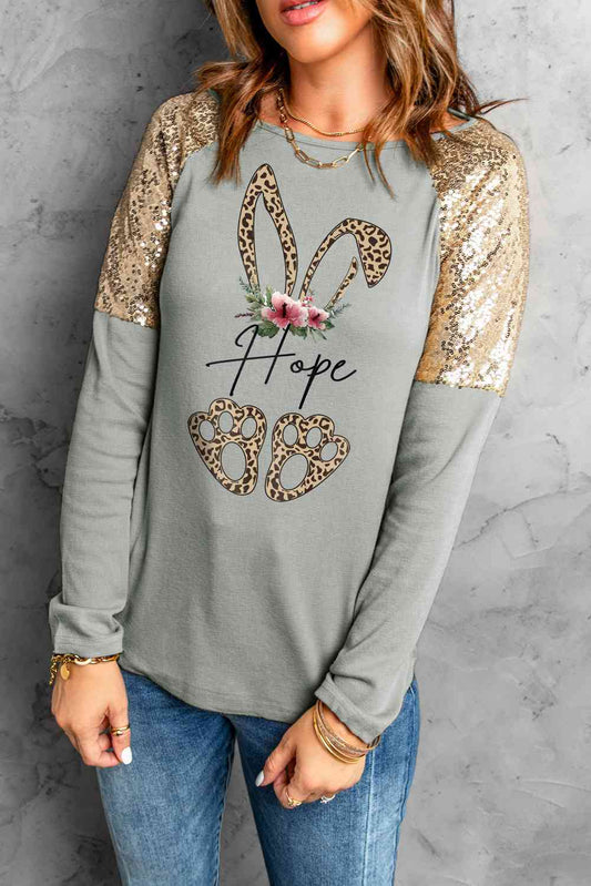 Leopard Easter Rabbit Sequin Sleeve Top