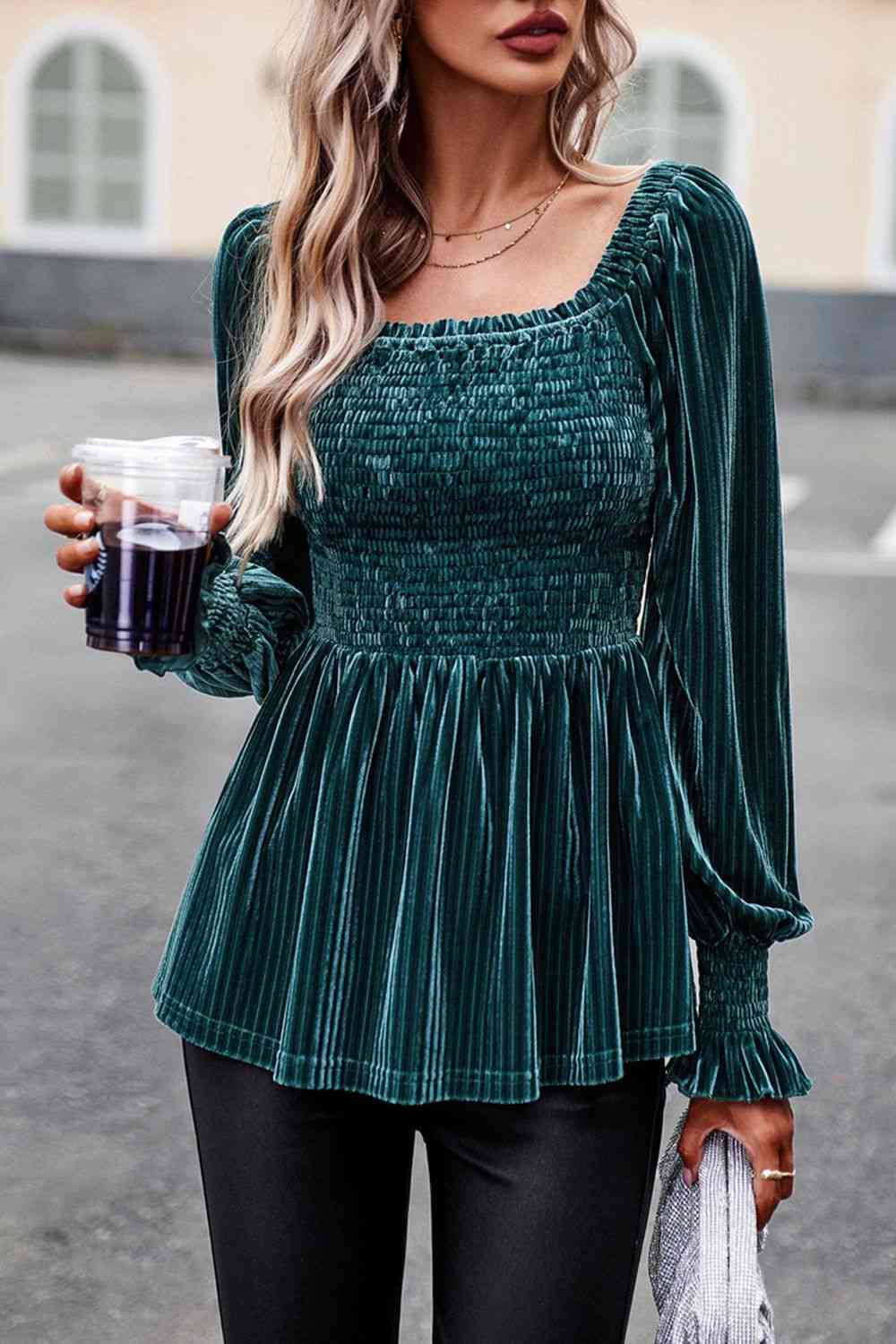 Smocked Velvety Blouse