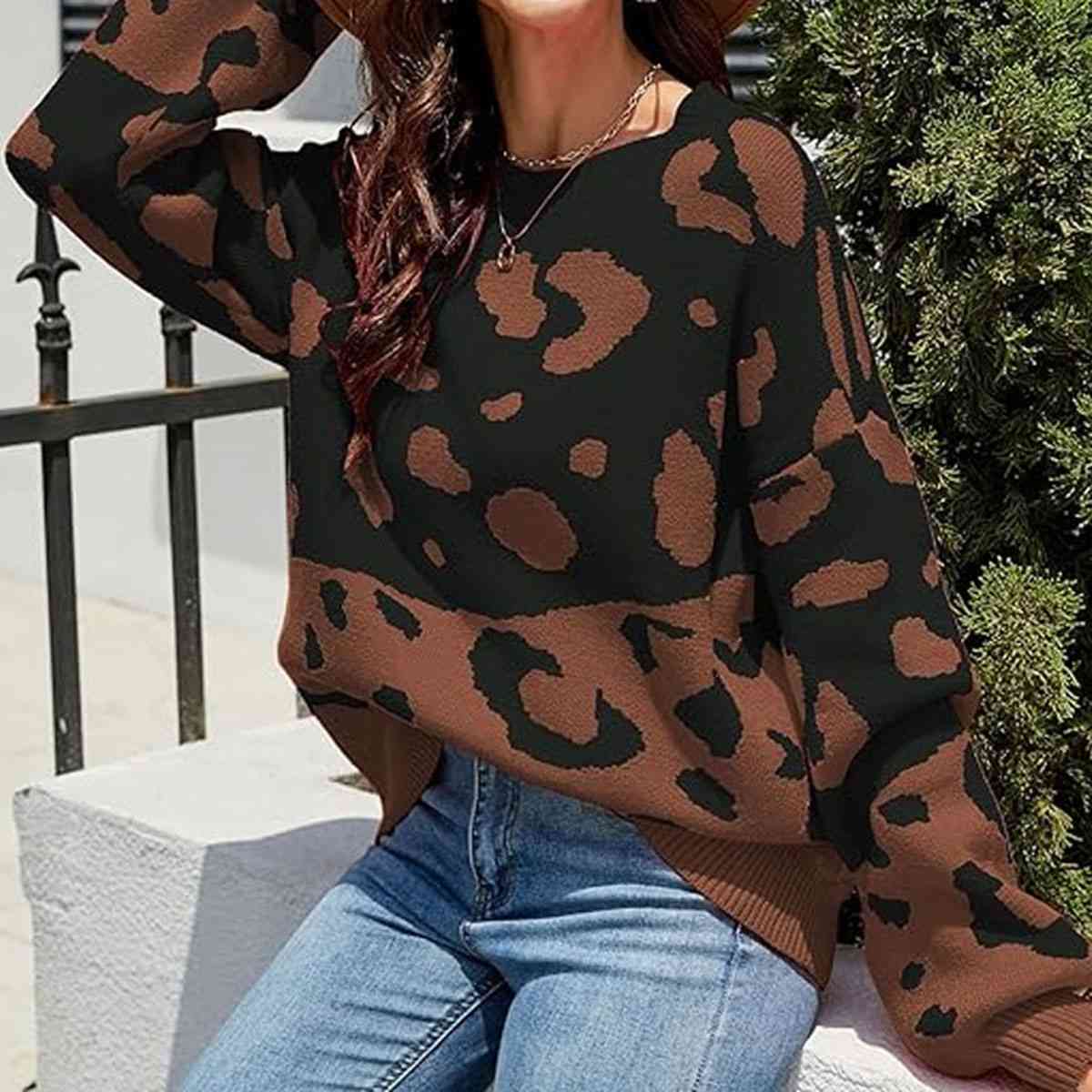 Contrast Leopard Puff Sleeve Sweater