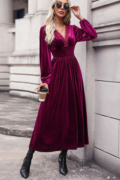 Lace and Velvet Balloon Sleeve Midi Dress