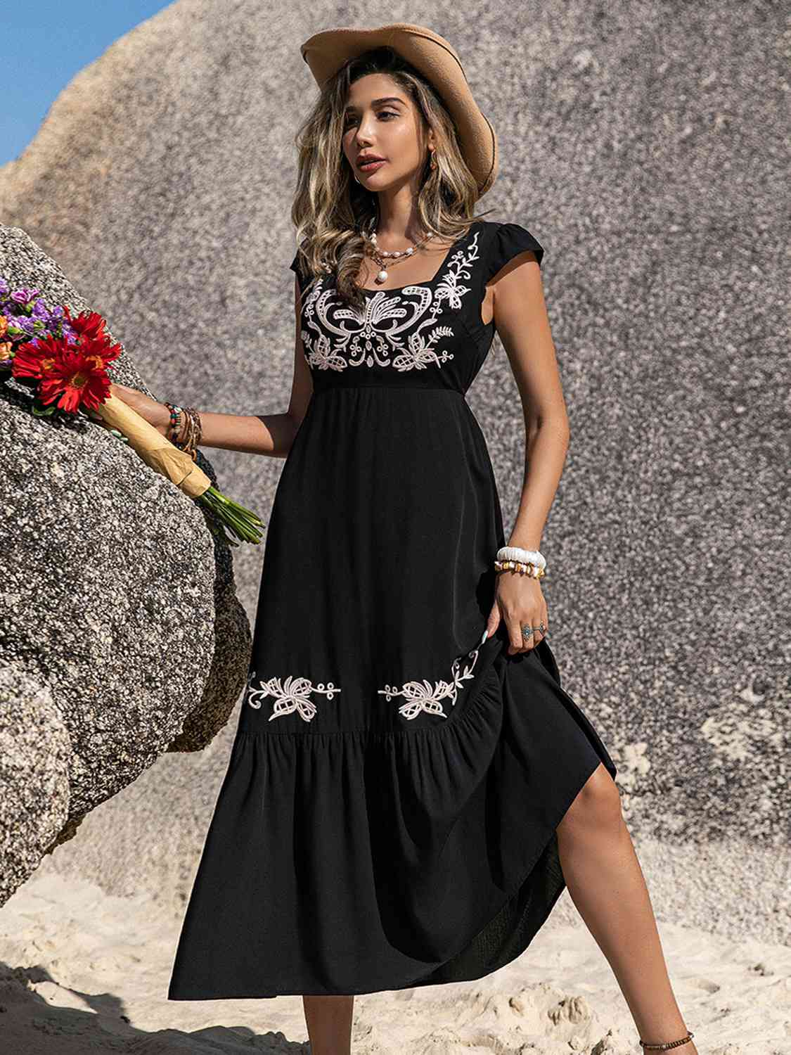 Embroidered Ruffle Hem Dress